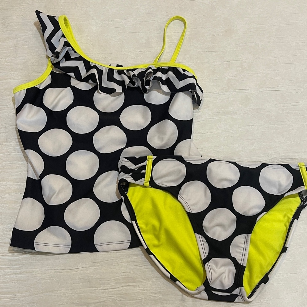 Justice Girls Swimsuit Tankini Size 16 Yellow Black Polka Dot